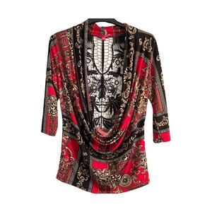 Bongo Top Womens Size Large Red Black Pullover Deep V Plunge Stretch Y2K Sexy